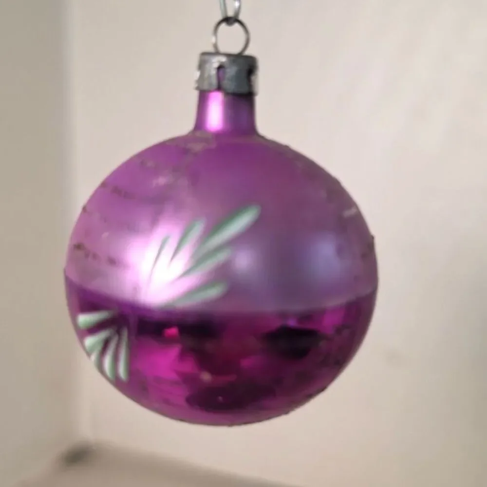 Small Vintage Glass Christmas Ornament Purple  Leaves  Poland 2